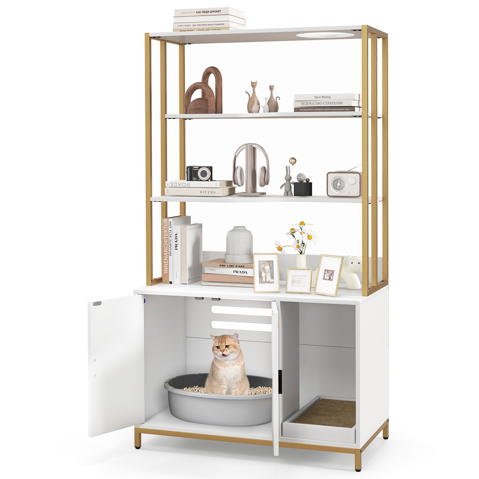 Cat Litter Box Enclosure with Storage and 3-tier Shelves-White