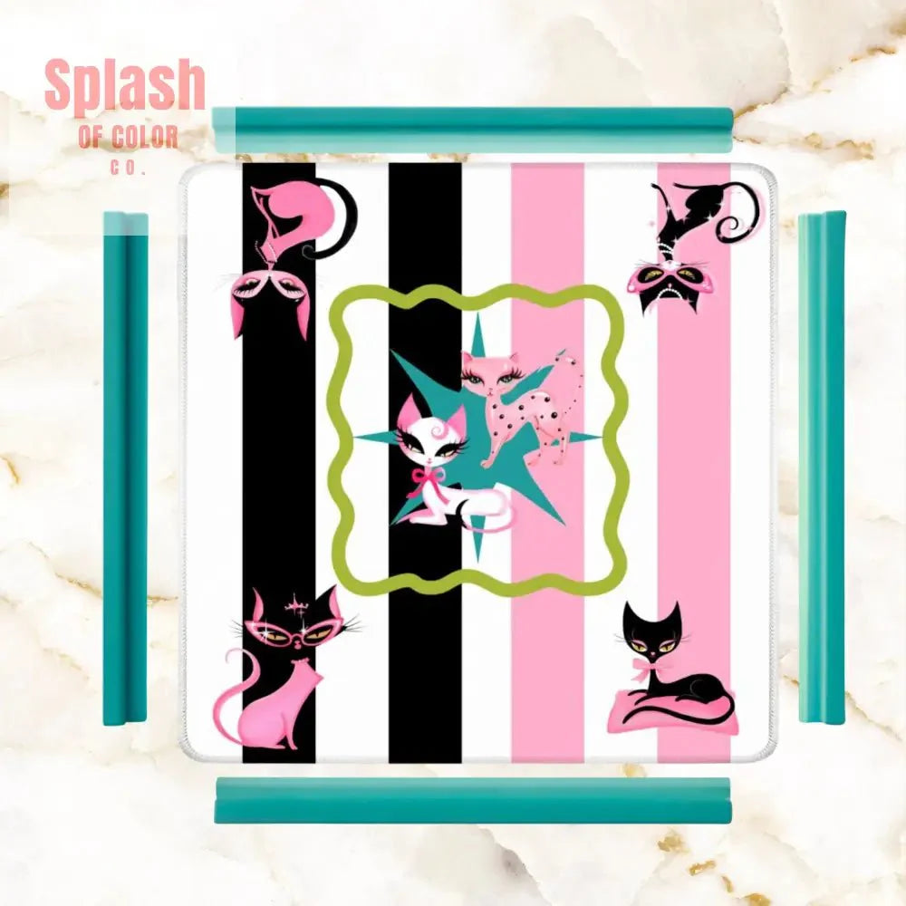 Whimsical Kitty Land, Pink Black Feline Fine Mahjong Mat